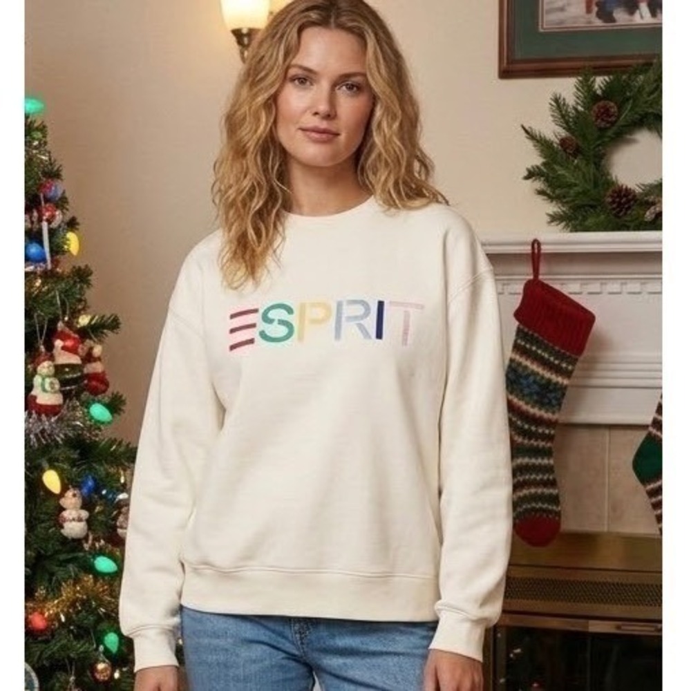 Esprit Size Large Sweatshirt Women Cream Rainbow Logo Crewneck retro 80s 90s